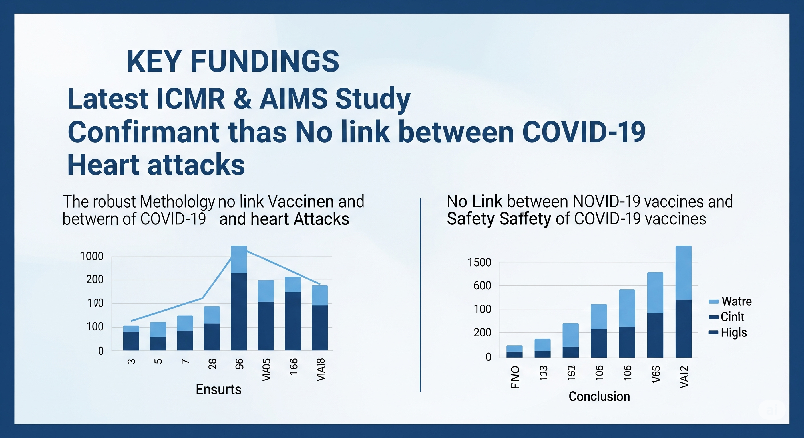 Infographic showing ICMR and AIIMS study results confirming no link between COVID-19 vaccines and heart attacks, with charts and doctors discussing, Visual summary of a recent ICMR and AIIMS study, using pie and bar charts to illustrate findings that refute a link between COVID-19 vaccines and heart attacks, observed by two medical professionals., Graphic titled 'No link the between COVID-19 Vaccines Heart Ittacks' [sic], presenting methodology and key findings from ICMR & AIIMS studies through charts and images of doctors, emphasizing vaccine safety. A professional infographic highlighting the conclusions of the latest ICMR & AIIMS studies. It features a large title indicating 'No link the between COVID-19 Vaccines Heart Ittacks,' alongside a pie chart and bar graph illustrating study data. Two doctors in lab coats are shown in the lower right, and text sections outline the 'Metthoolody' [sic], 'Key Fiundrs' [sic], and 'Conclusions' about vaccine safety and the lack of a link to heart attacks.